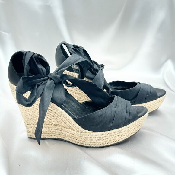 UGG Lucianna Black Silk Leather Espadrille Wedge Sandals 1002916 - Sz 9.5 - Picture 5 of 11
